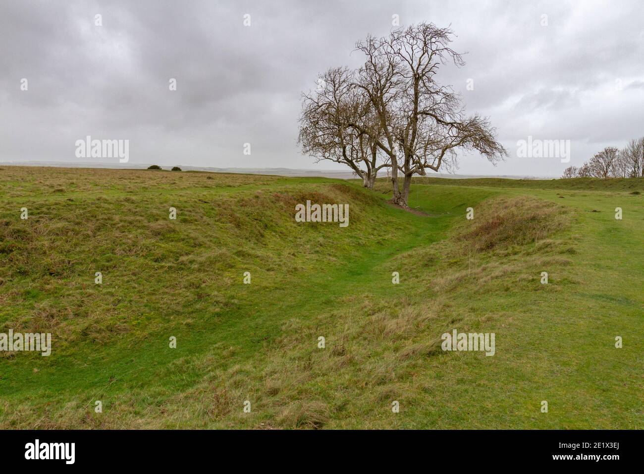 Fgsbury Ring, ein ungewöhnlich gestaltetes Hügelfort aus der Eisenzeit, das ein kleineres, möglicherweise neolithisches Gehege in der Nähe von Salisbury, Wiltshire, Großbritannien, enthält. Stockfoto