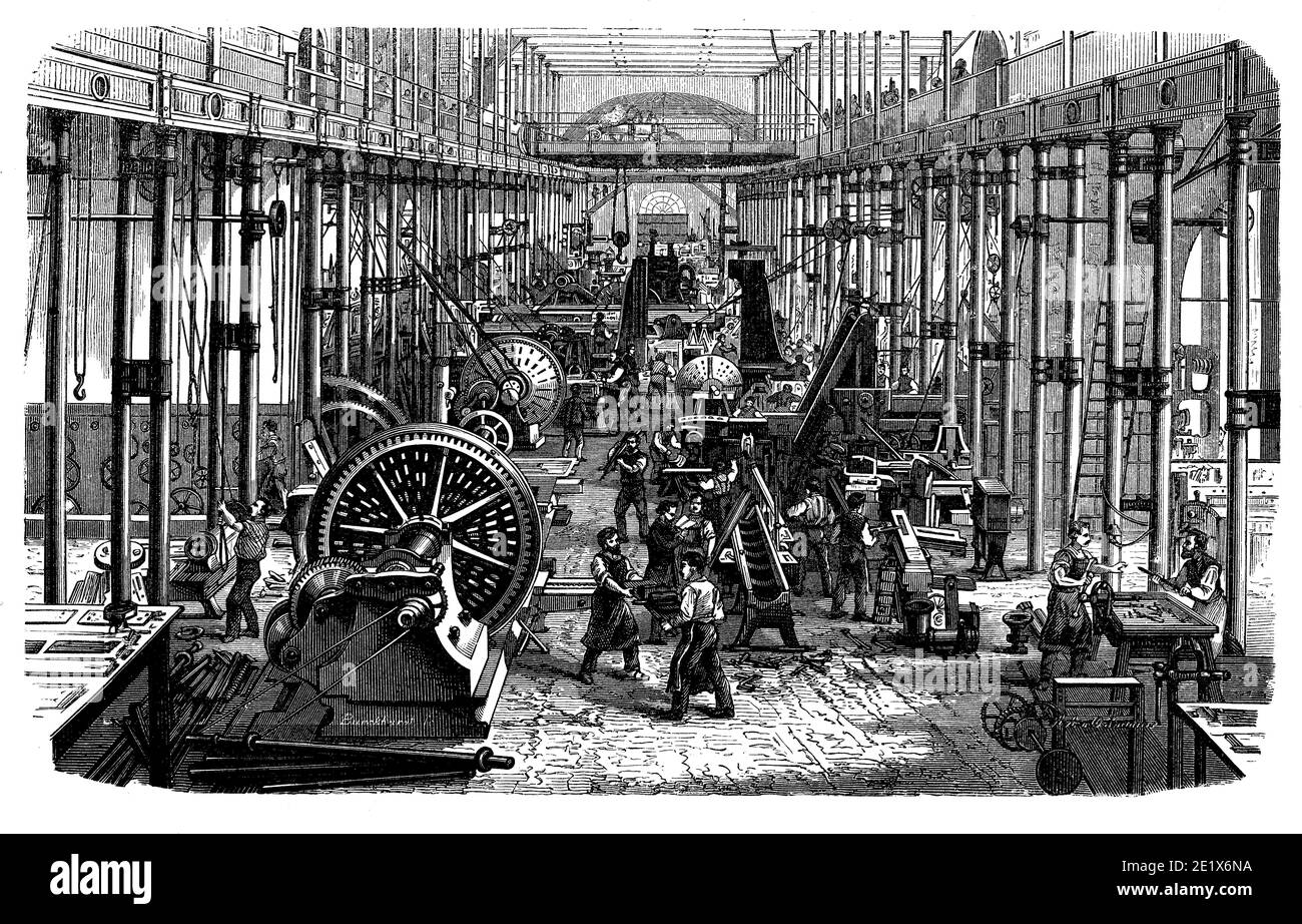 Chemnitz, Deutschland, Lokomotiv- und Maschinenfertigung von Richard Hartmann: Maschinenhalle, 19. Jahrhundert Stockfoto