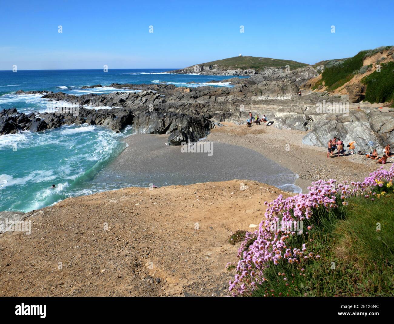 Little Fistral Beach und Towan Head, Newquay, Cornwall. Stockfoto