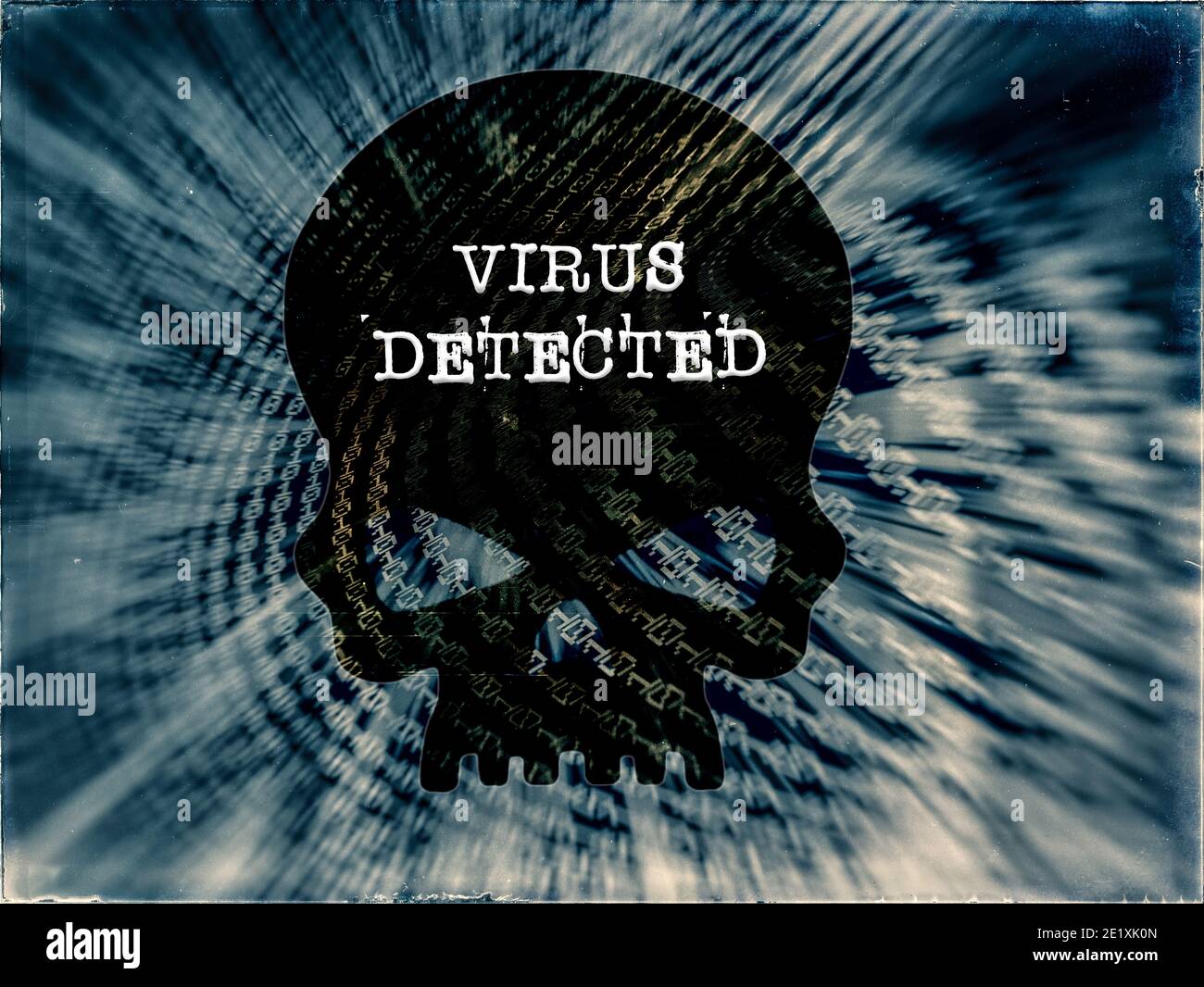 Virus erkannt, Ransomware Black Skull auf binären blauen Hintergrund Stockfoto