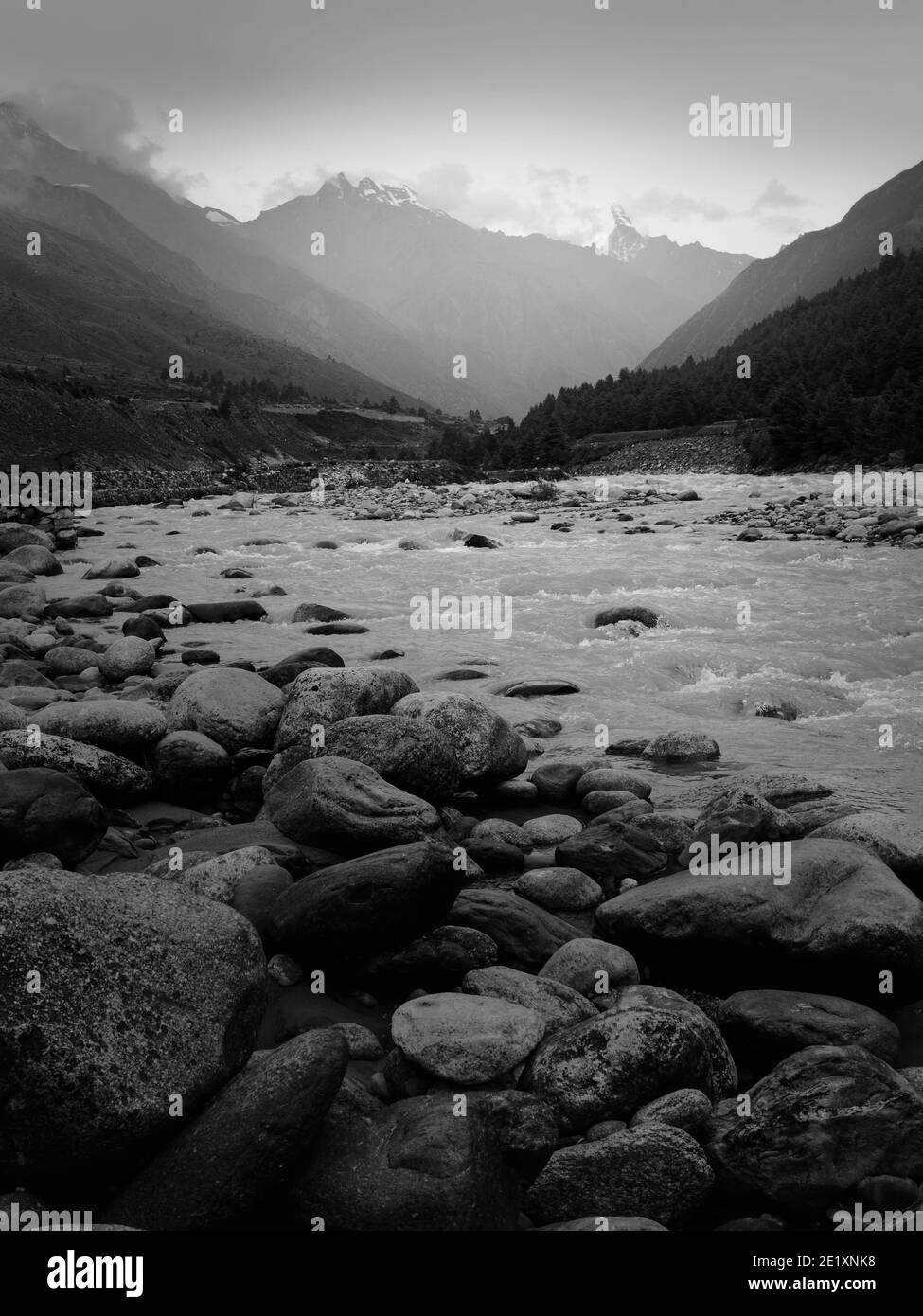 Baspa Fluss durch die hohen Himalaya flankiert, Pinienwälder, und Geröll unter bedecktem Himmel im Sommer in der Nähe von Chitkul, Himachal Pradesh, Indien. Stockfoto