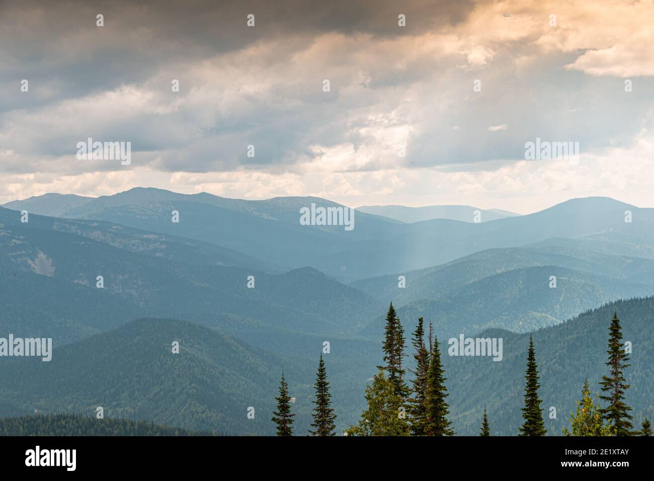 Landschaftlich schöner Blick auf das neblige Bergtal. Sanfte Hügel unter bewölkten Wolken. Stockfoto