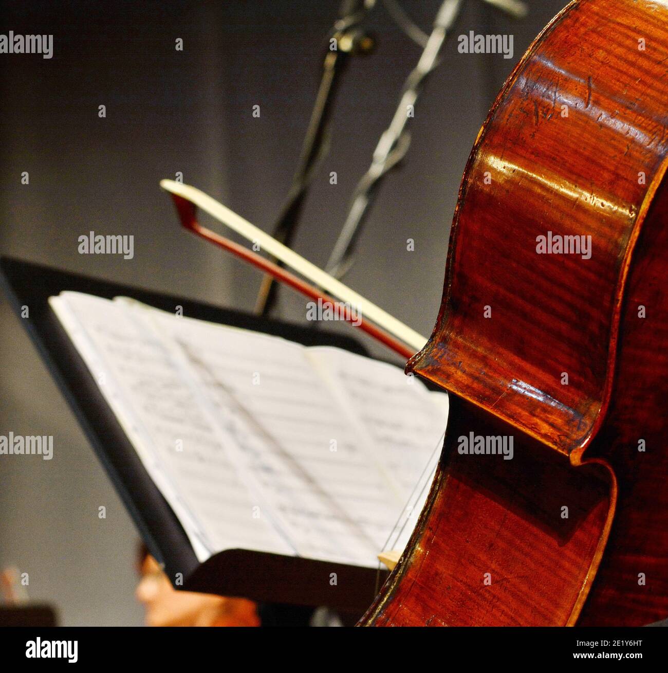 Professionelle Cellospieler Hände ganz nah, er führt mit Streicher des Sinfonieorchesters Stockfoto