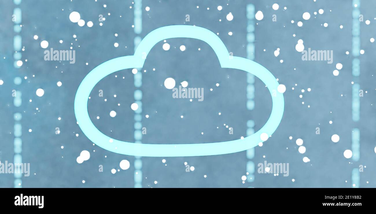 Blau glühende Wolke Symbol auf glühenden Technologie Hintergrund mit Partikeln 3d-Renderdarstellung Stockfoto