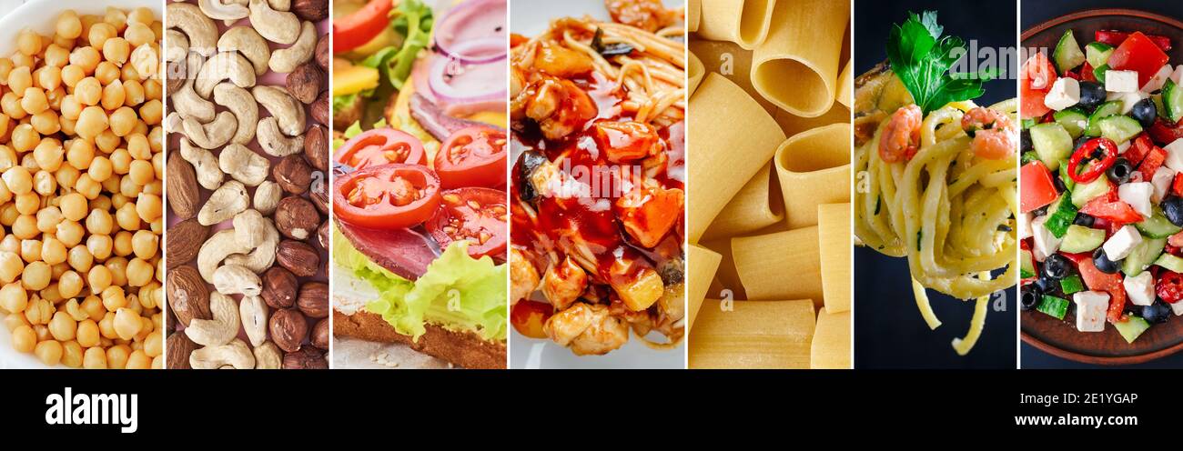 Lebensmittelcollage. Verschiedene Lebensmittel Hintergrund, lange Banner Stockfoto