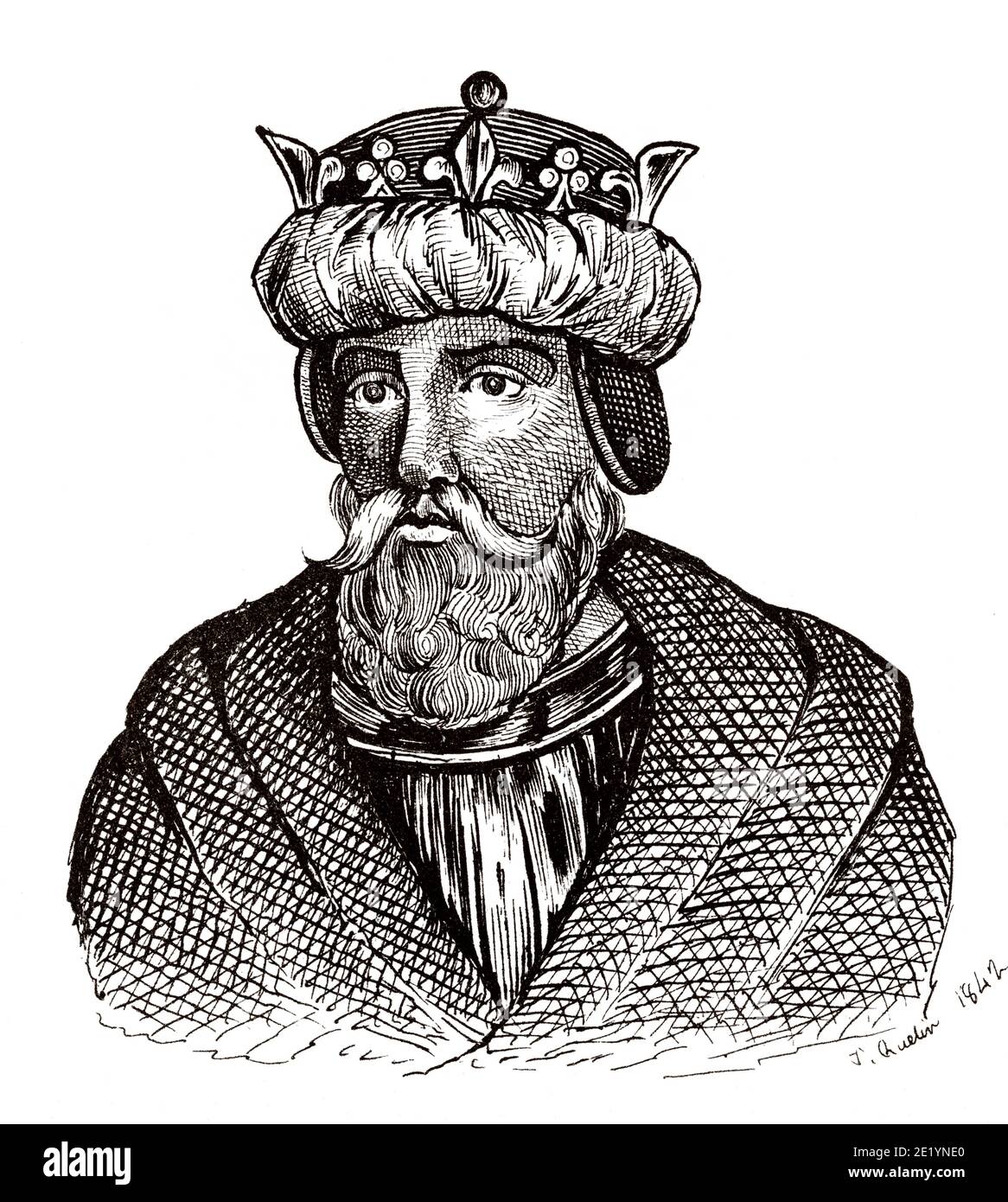 Porträt von Ludwig II. Der Stammerer (843 - 879). König von Frankreich von 877 bis 879. Karolingische Dynastie. Geschichte Frankreichs, aus dem Buch Atlas de la France 1842 Stockfoto