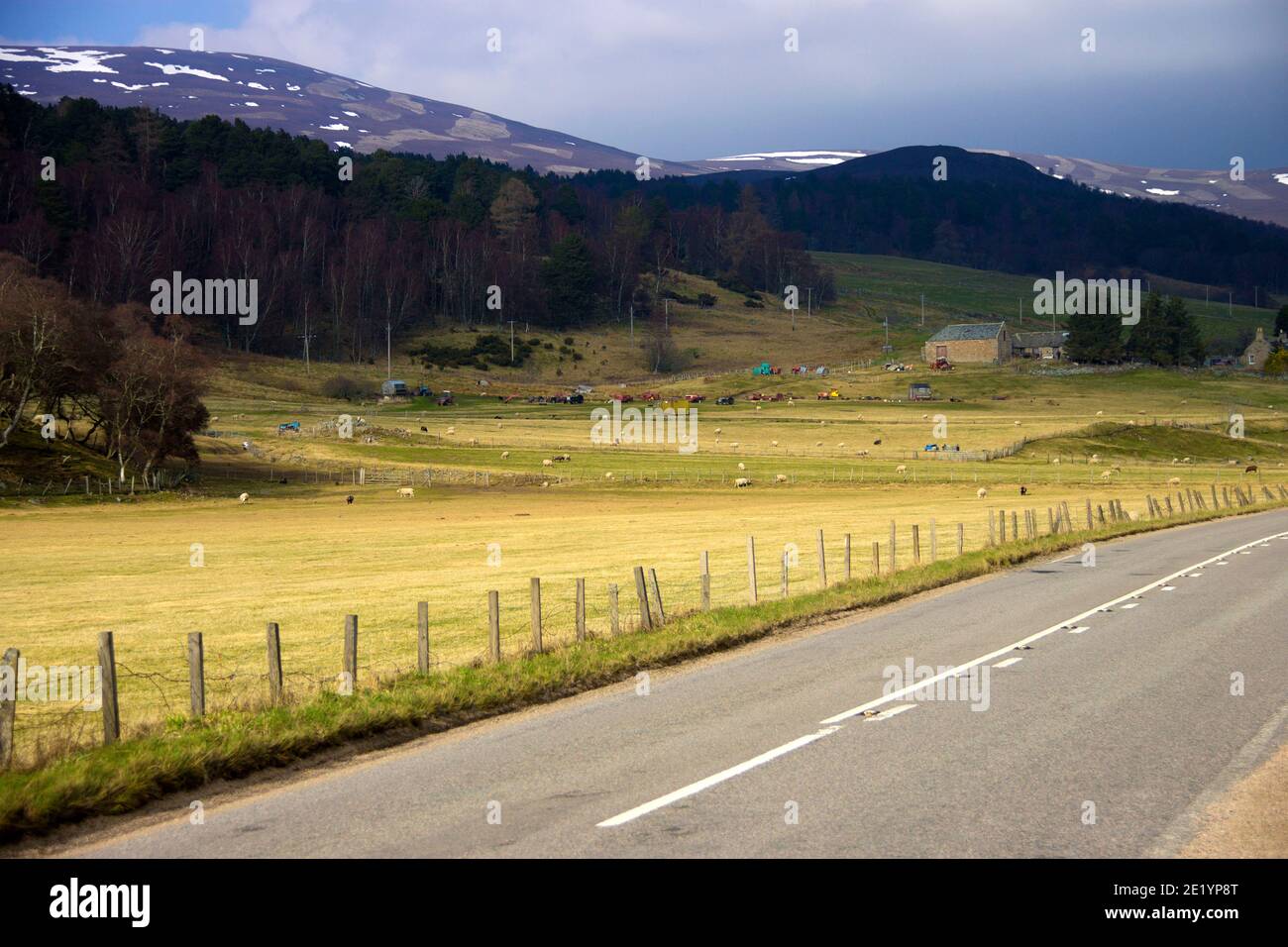 Schottische ländliche Landschaft und Old Military Road in Royal Deeside zwischen Ballater und Braemar. Cairngorms National Park. Aberdeenshire, Schottland, Großbritannien Stockfoto