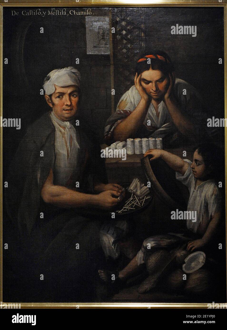 Casta-Gemälde. De Castizo y Mestiza, chamizo (aus Castizo und Mestiza wird ein Chamizo geboren). Gemälde von Miguel Cabrera (1695-1768) im Jahre 1763. Maler von Neuspanien. Barockstil. Öl auf Leinwand (101 x 132 cm). Vizekönigreich von Neuspanien. Mexiko. Museum of the Americas. Madrid, Spanien. Stockfoto