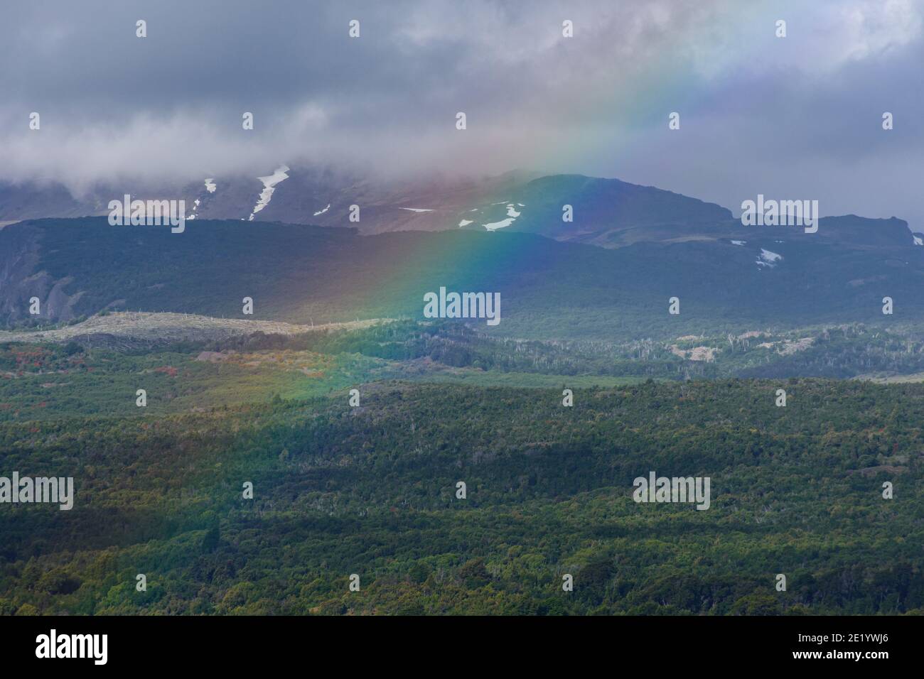 Regenbogenblick über die Anden im Los Alerces Nationalpark, Patagonien, Argentinien Stockfoto