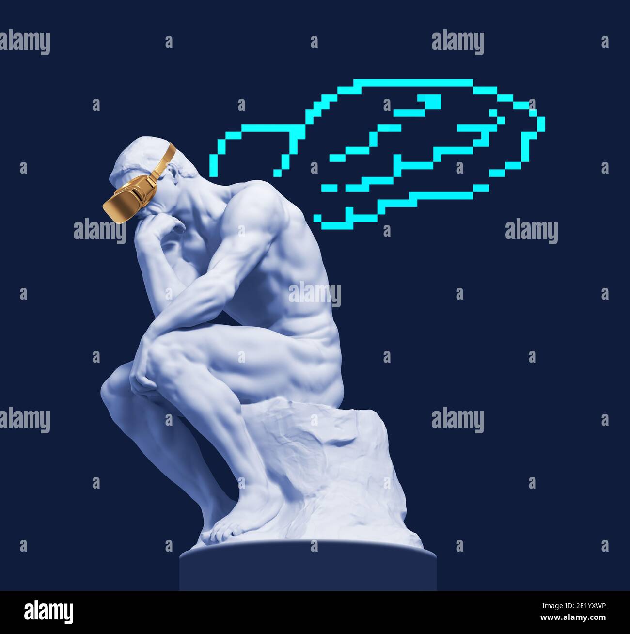Skulptur eines Denkers mit Virtual-Reality-Brille und digitalen Flügeln hinter seinem Rücken. 3D-Illustration. Stockfoto
