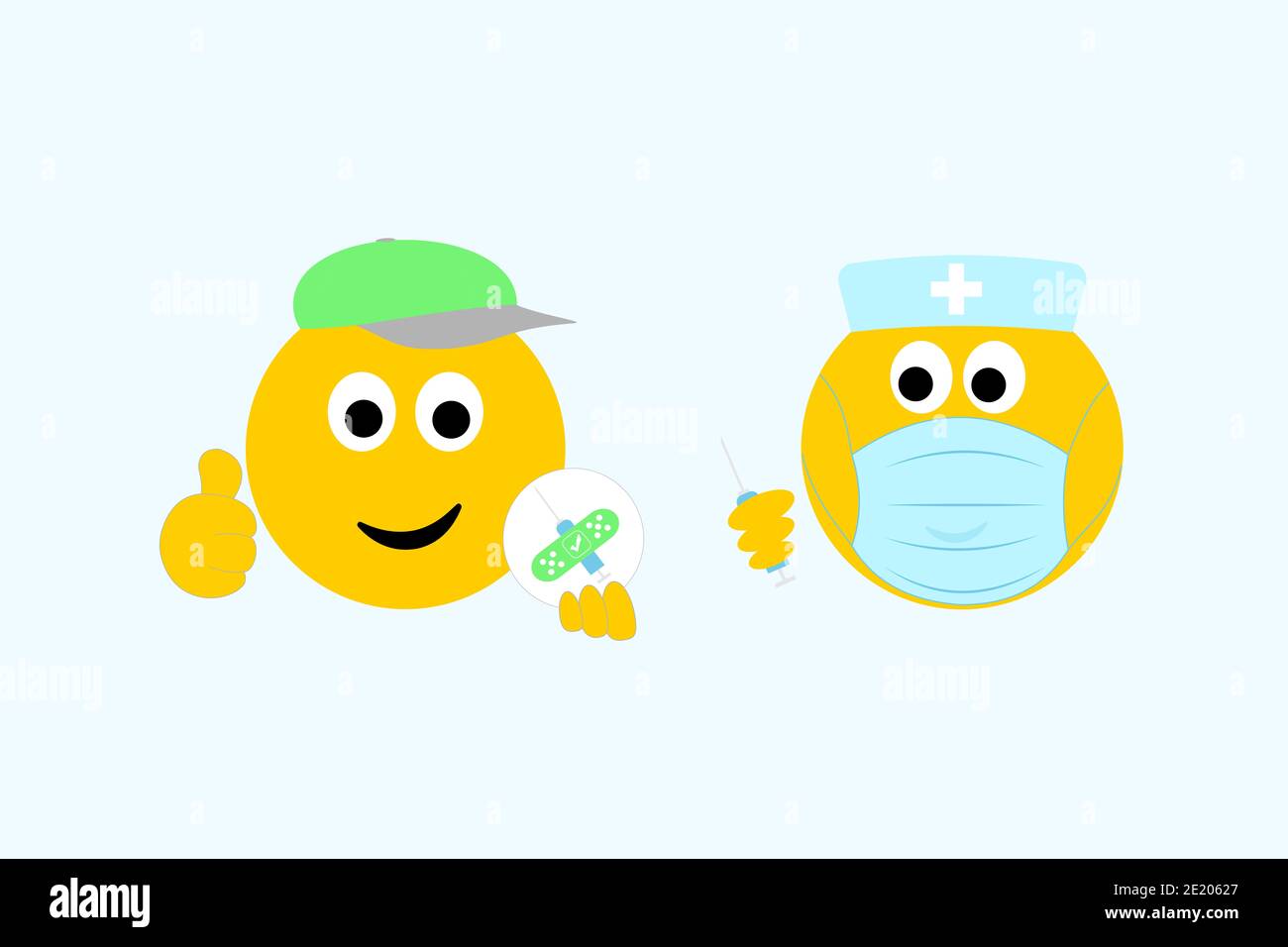 Lächelnde Daumen nach oben Emoji Impfstoffe aus medizinischen Emoji mit Impfspritze, Grippe covid 19 medizinisches Impfkonzept Stockfoto