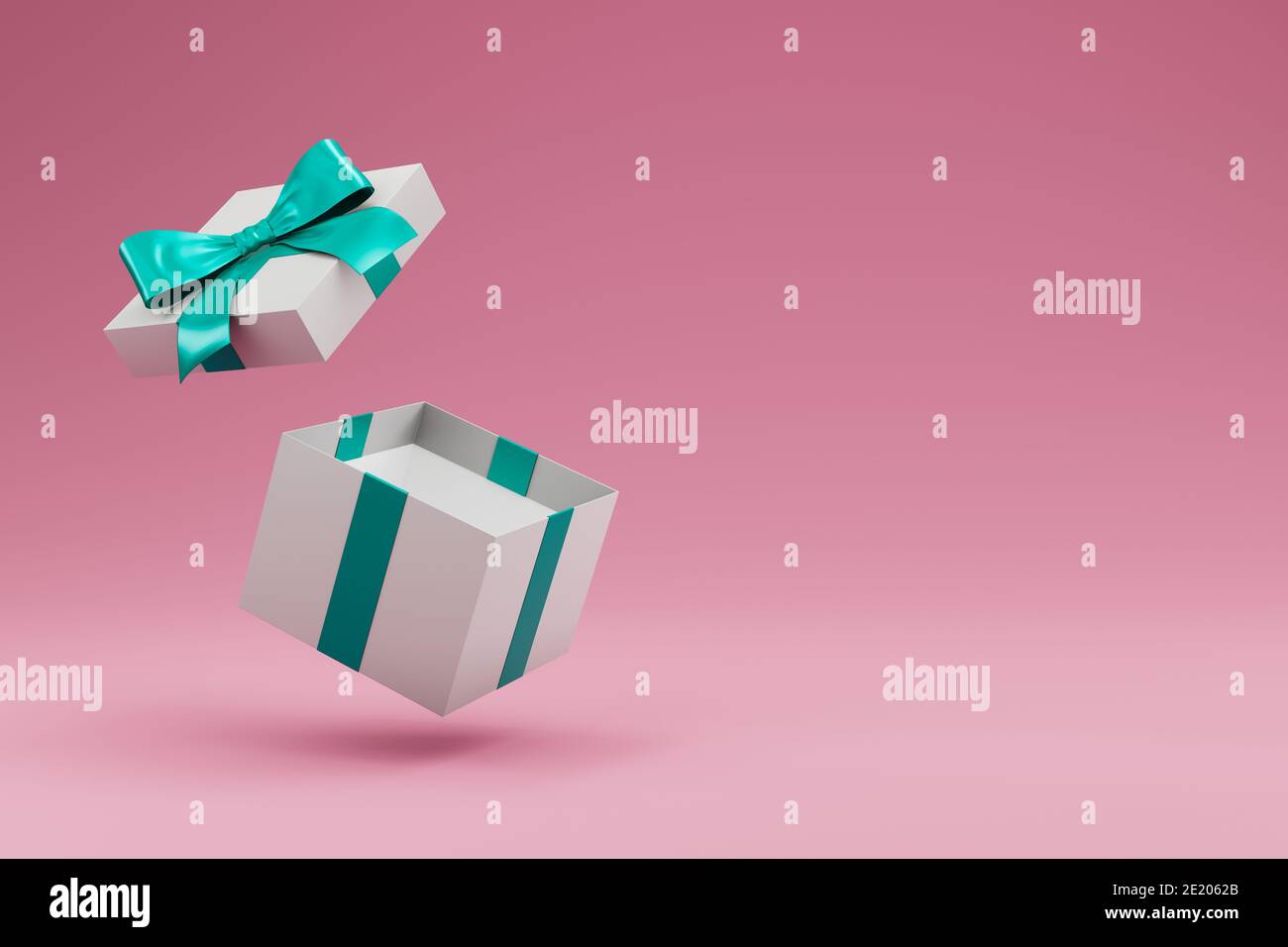 Offene Geschenkbox mit Band und Schleife isoliert. 3d-Illustration Stockfoto