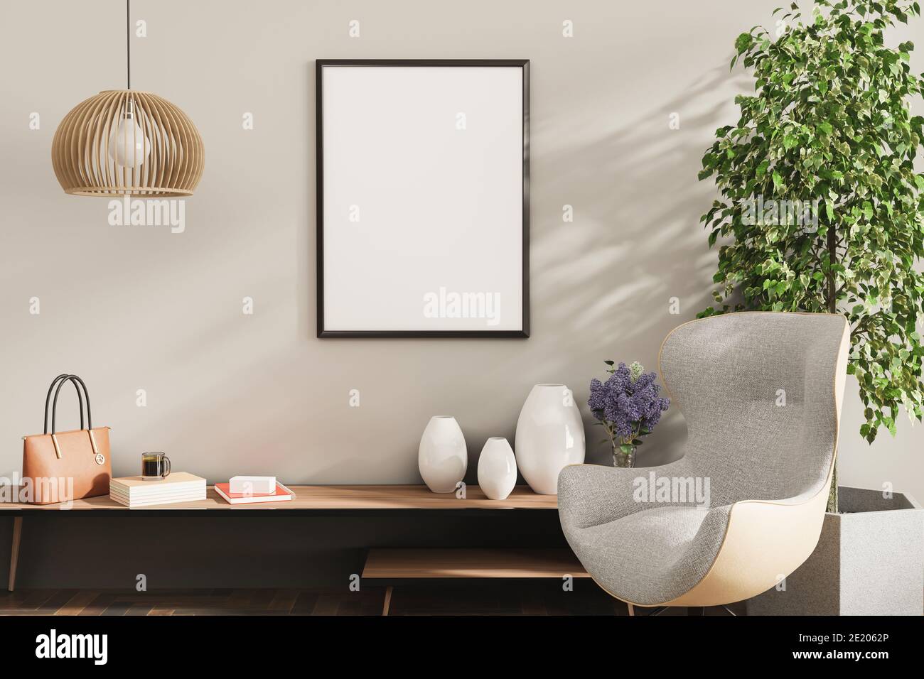 Mock up Rahmen in Hause Innenraum Hintergrund, Wohnzimmer mit natürlichen Möbeln, skandinavischen Stil 3d-Illustration Stockfoto