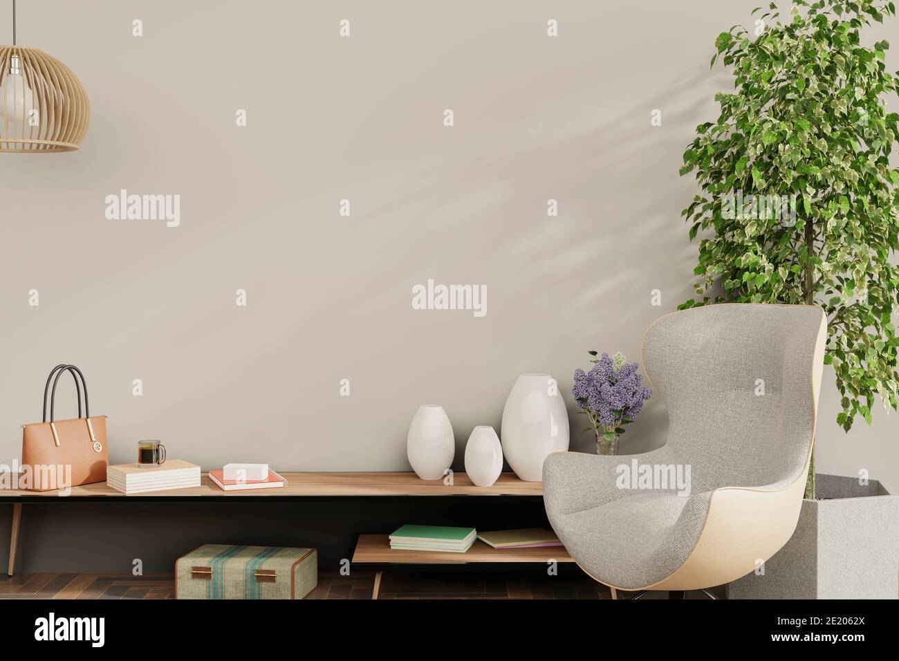 Mock up Rahmen in Hause Innenraum Hintergrund, Wohnzimmer mit natürlichen Möbeln, skandinavischen Stil 3d-Illustration Stockfoto