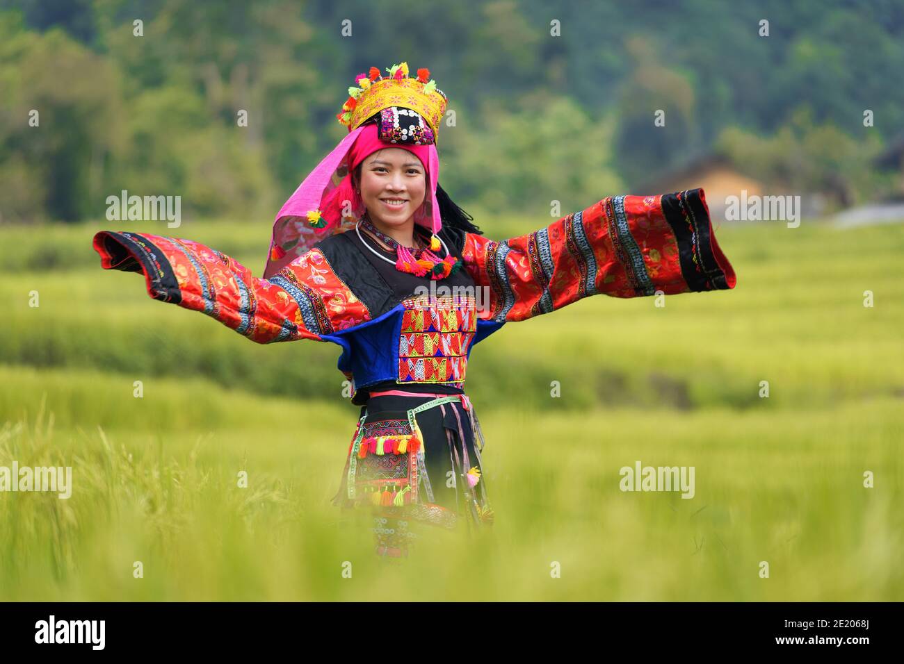 Junge Frau in Lo Lo Tracht auf Reisfeld Stockfoto