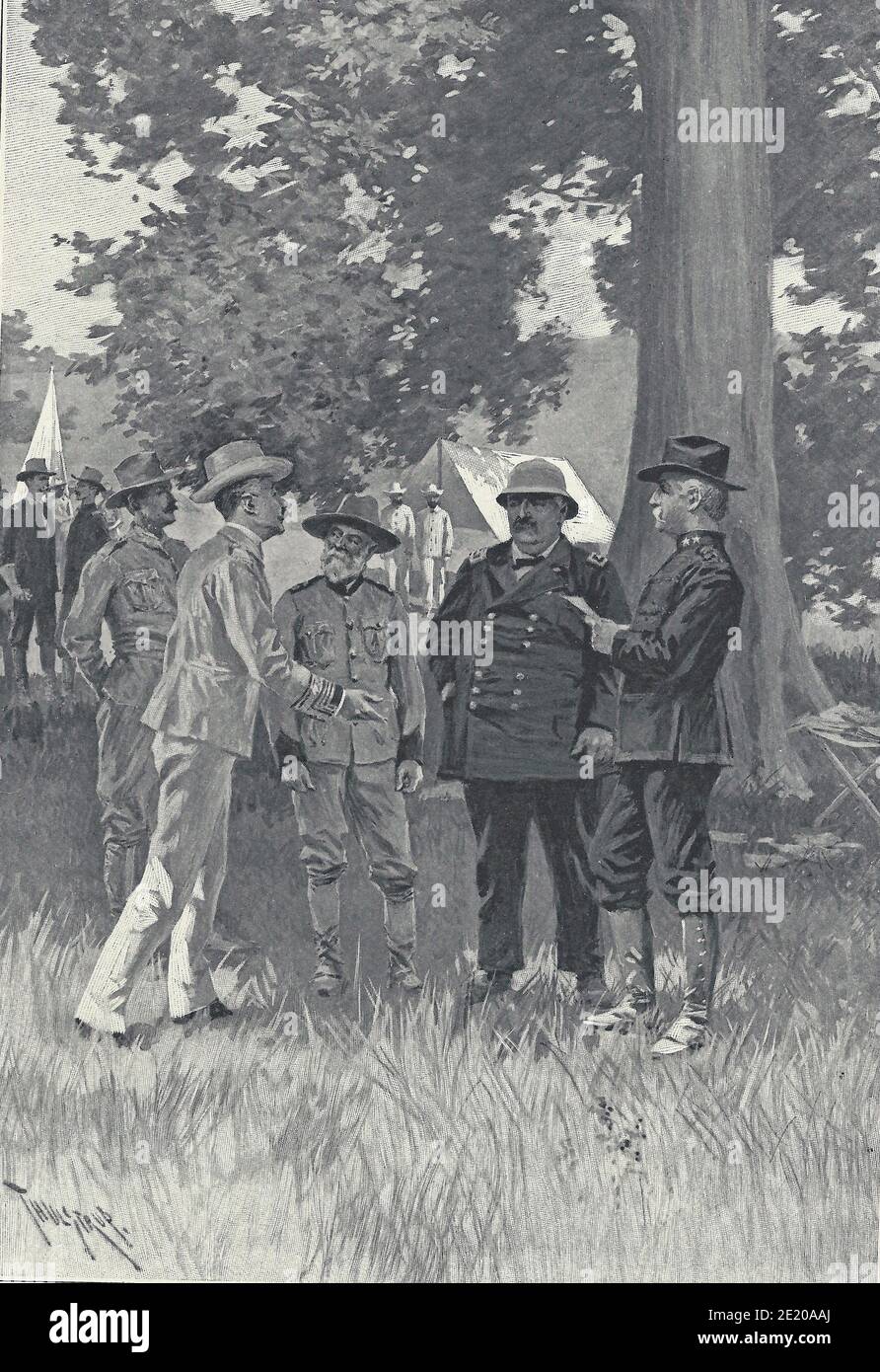 Treffen der Generäle, um die Kapitulation von Santiago während des Spanischen Amerikanischen Krieges, 1898 zu arrangieren Stockfoto