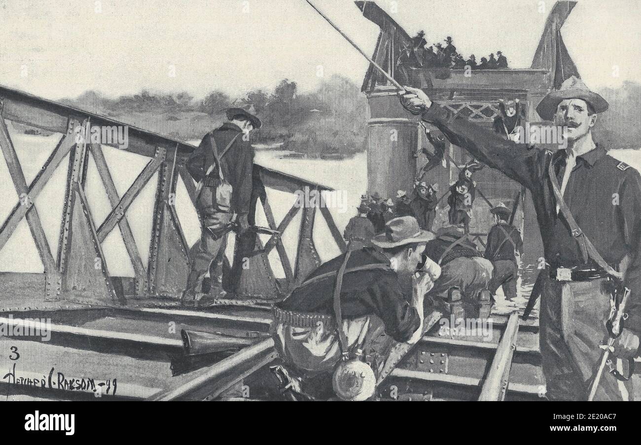 Amerikanische Truppen, die über die Hälfte vorrückten, zerstörten die Eisenbahnbrücke in der Nähe von Santo Tomas, Philippinen während des Spanischen Amerikanischen Krieges - 4. Mai 1898 Stockfoto