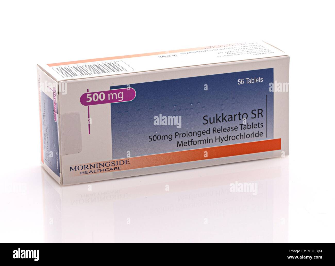 SWINDON, Großbritannien - 10. JANUAR 2021: Paket von Sukkarto SR Metformin Hydrochlorid 500mg lang anhaltende Freisetzung Tabletten Stockfoto