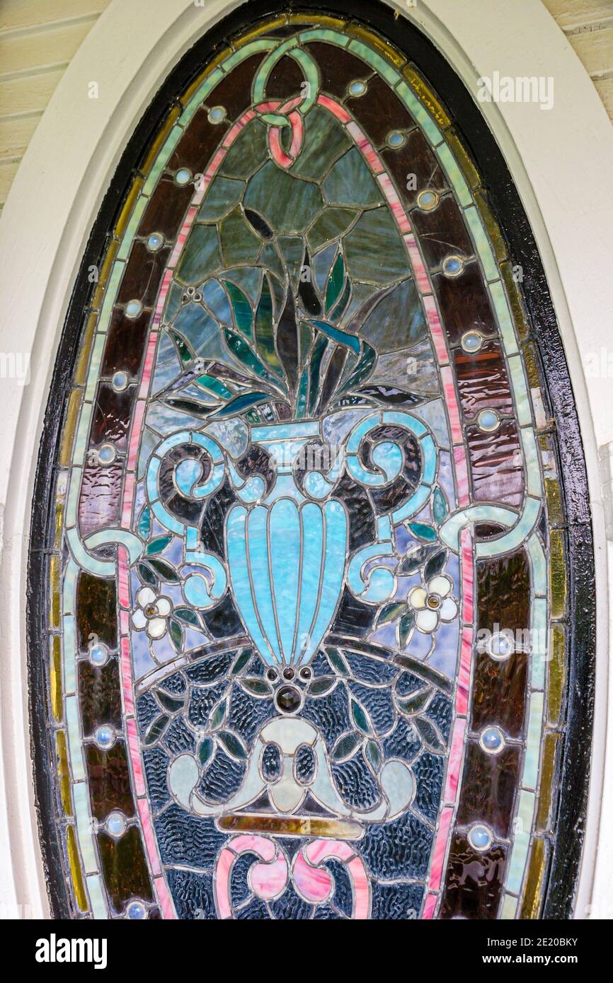 Alabama Troy College Street historisches Haus architektonische Detail, ovales Buntglasfenster, Stockfoto