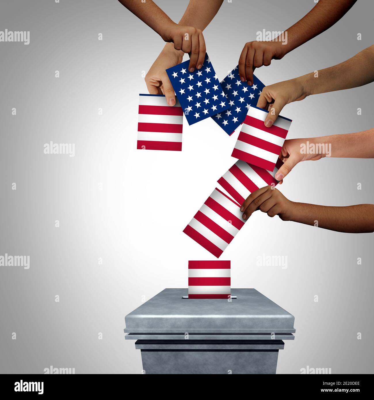Die Vereinigten Staaten stimmen Frage und amerikanische Gemeinschaft Stimme oder US-Abstimmung Unsicherheit Konzept als verschiedene Hände Gießen USA Stimmzettel in einem Wahllokal. Stockfoto