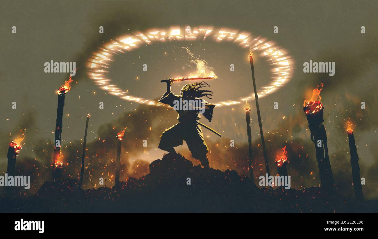 Szene von Samurai mit Feuer Schwert stehen auf dem Felsen, digitale Kunst Stil, Illustration Malerei Stockfoto