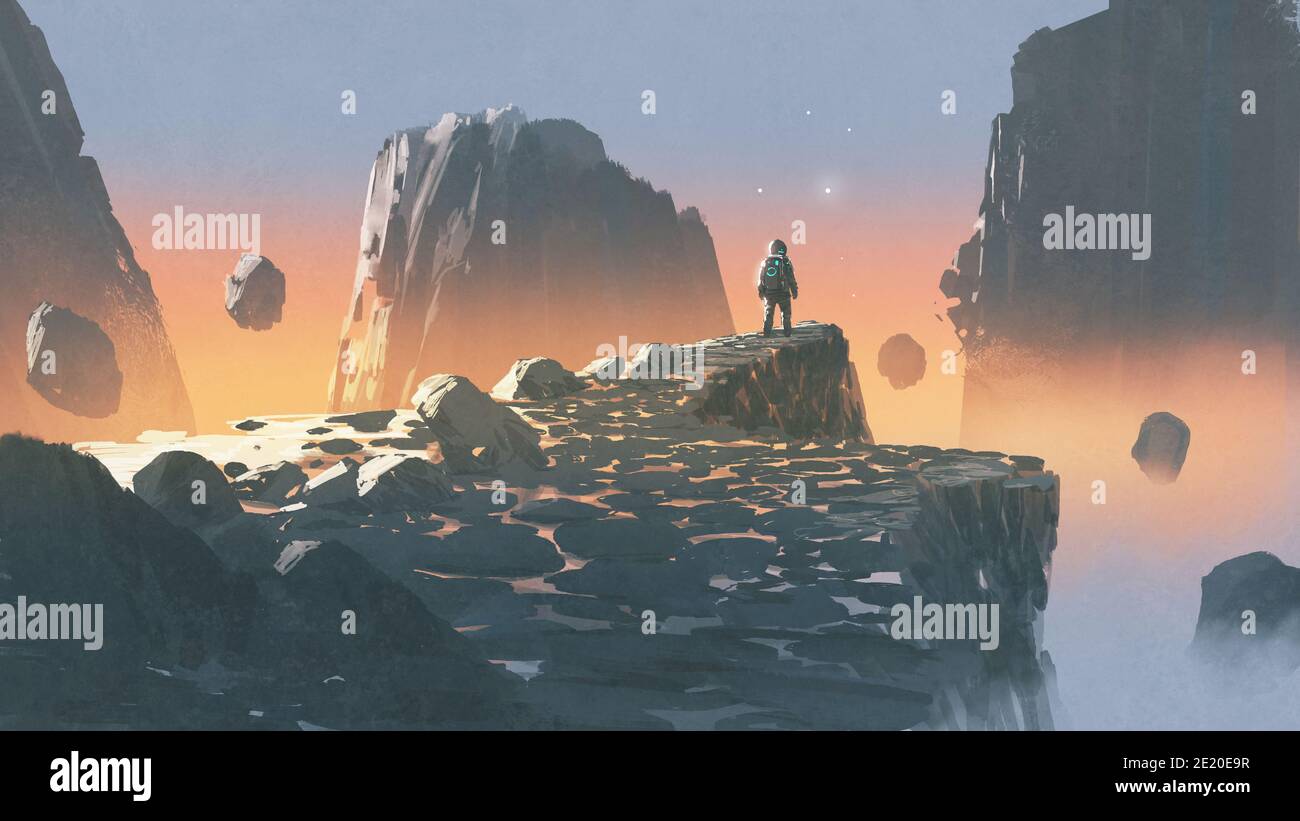 spaceman steht auf einer Klippe in einem felsigen Land, digitale Kunst Stil, Illustration Malerei Stockfoto