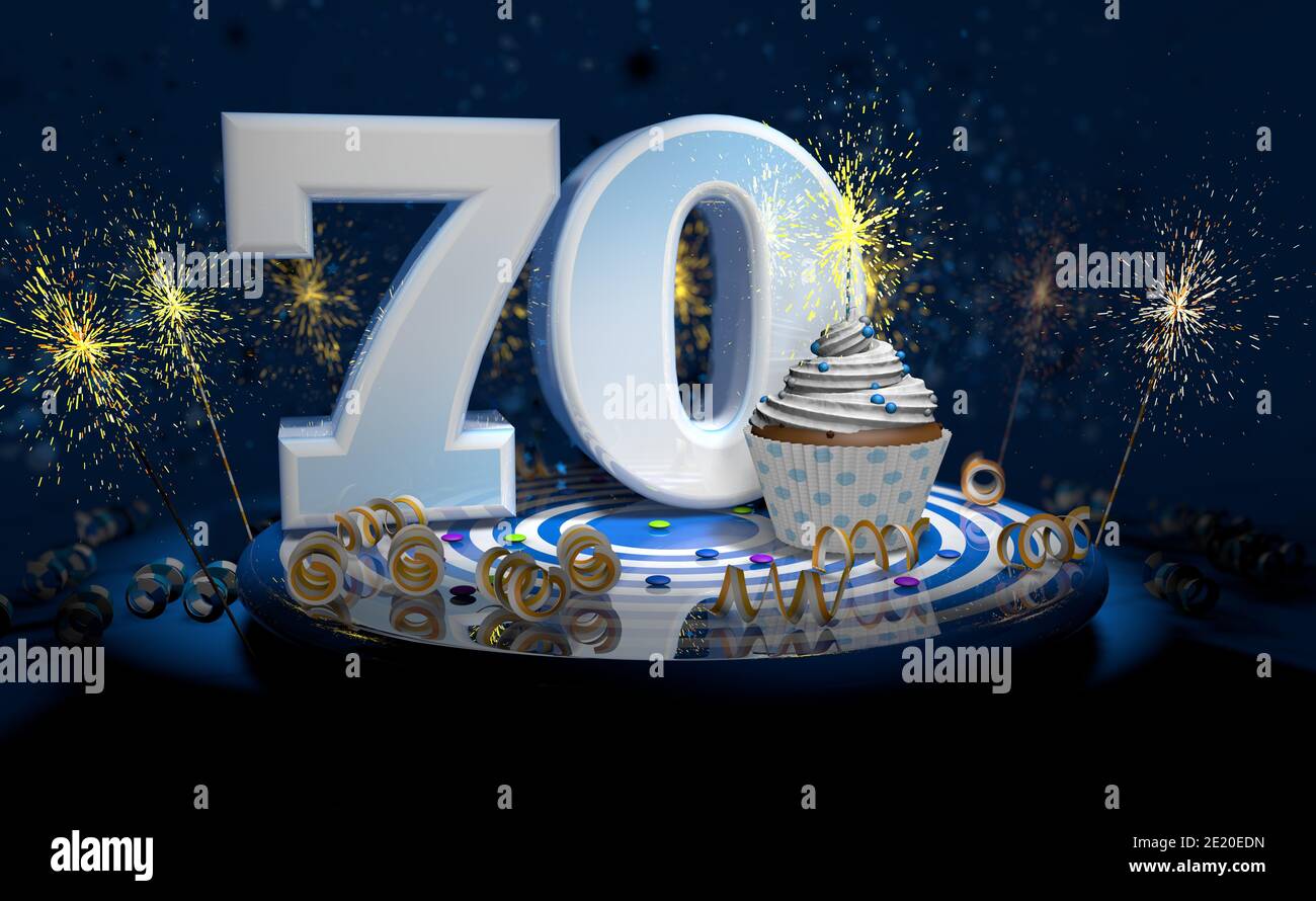 Cupcake mit funkelnder Kerze zum 70. Geburtstag oder Jubiläum mit Große Zahl in Weiß mit gelben Streamer auf blauem Tisch Mit dunklem Hintergrund voll Stockfoto