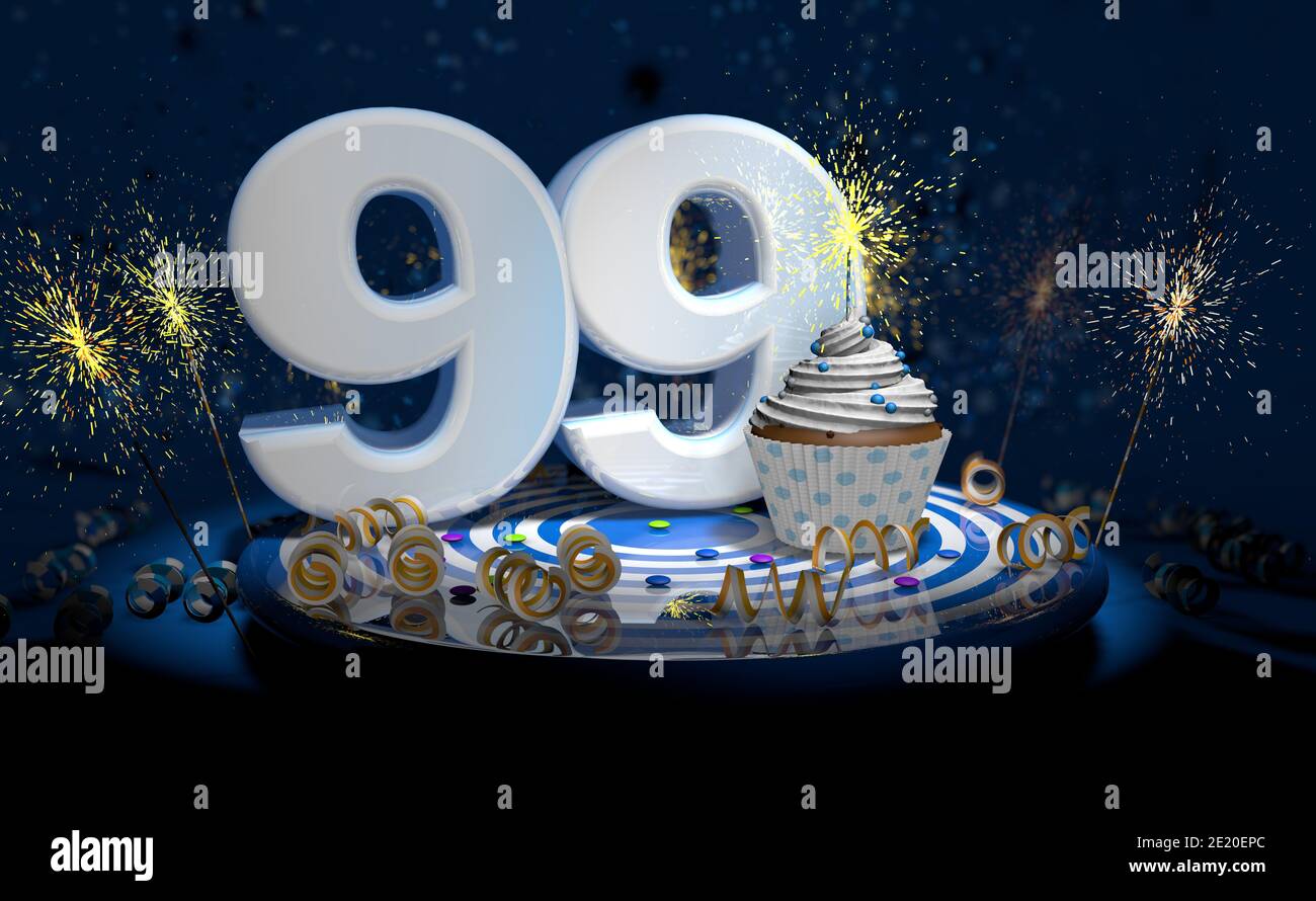 Cupcake mit funkelnder Kerze zum 99. Geburtstag oder Jubiläum mit Große Zahl in Weiß mit gelben Streamer auf blauem Tisch Mit dunklem Hintergrund voll Stockfoto