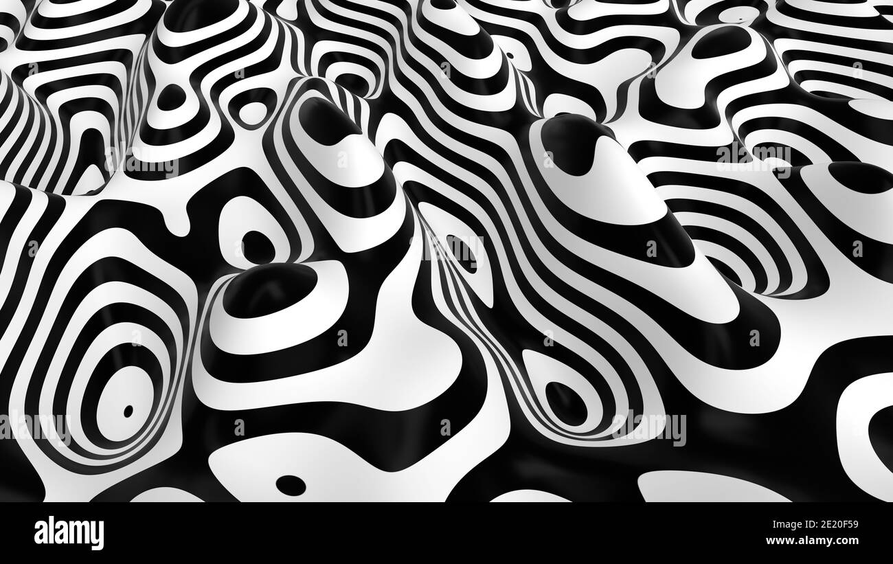 Abstrakte schwarz-weiß flüssig gestreift Seide Form. Gewellter 3D-Bewegungshintergrund mit Streifen. BW-Linienmuster. 3D-Rendering, 3D-Illustration. Stockfoto