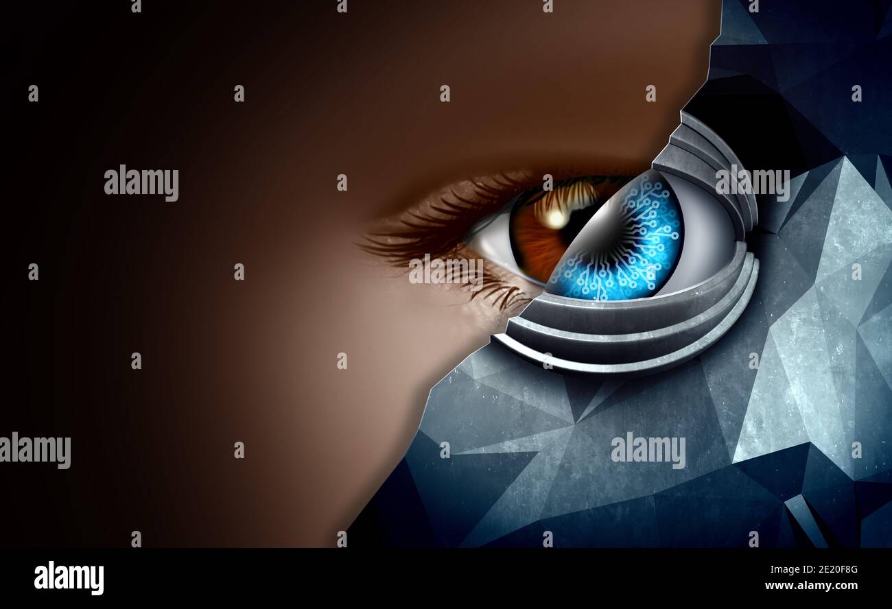 Technologie im Mensch- und Maschinenkonzept als fortschrittliche Technologie oder Roboter, die die Menschheit übernehmen und Menschen mit einer Cyborg- oder Computeridee verschmelzen. Stockfoto