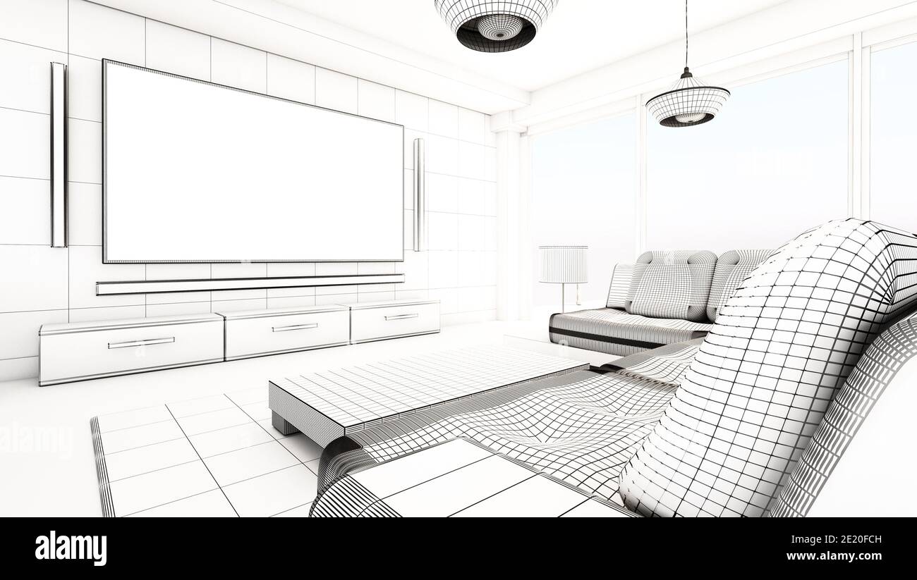 Modernes Wohnzimmer Drahtmodell Rendering. 3D-Illustration. Stockfoto Modernes Wohnzimmer Drahtmodell Rendering. 3D-Illustration. Stockfoto