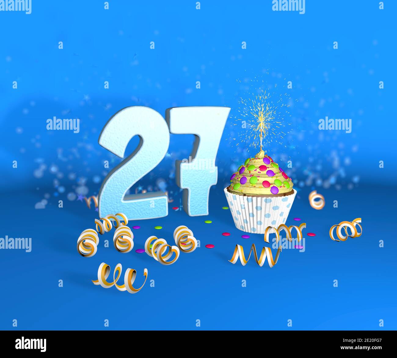 Cupcake mit funkelnder Kerze zum Geburtstag oder Jubiläum 27 mit der großen Nummer in weiß mit gelben Streamern auf blauem Hintergrund. 3d-Illustration Stockfoto