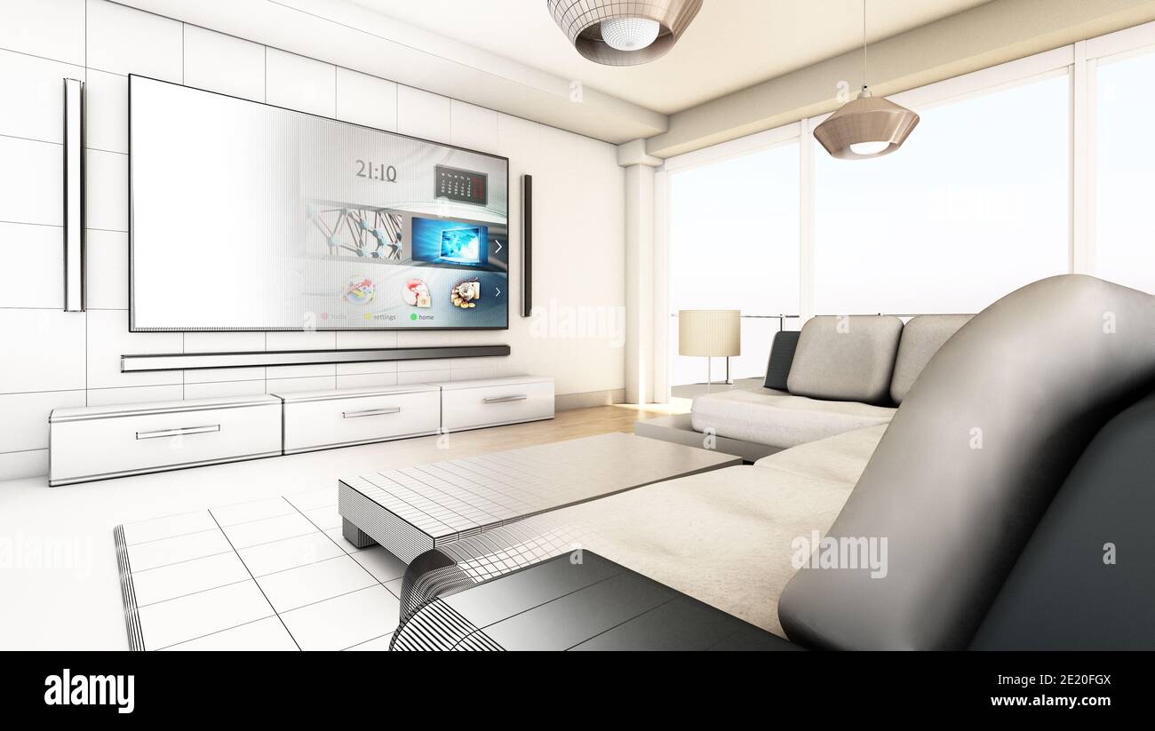Modernes Wohnzimmer halb Drahtmodell halb Standard-Rendering. 3D-Illustration. Stockfoto Modernes Wohnzimmer halb Drahtmodell halb Standard-Rendering. 3D-Illustration. Stockfoto