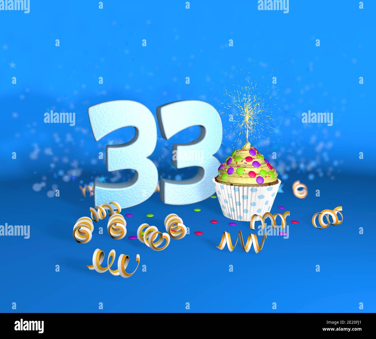 Cupcake mit funkelnder Kerze zum Geburtstag oder Jubiläum 33 mit der großen Nummer in weiß mit gelben Streamern auf blauem Hintergrund. 3d-Illustration Stockfoto