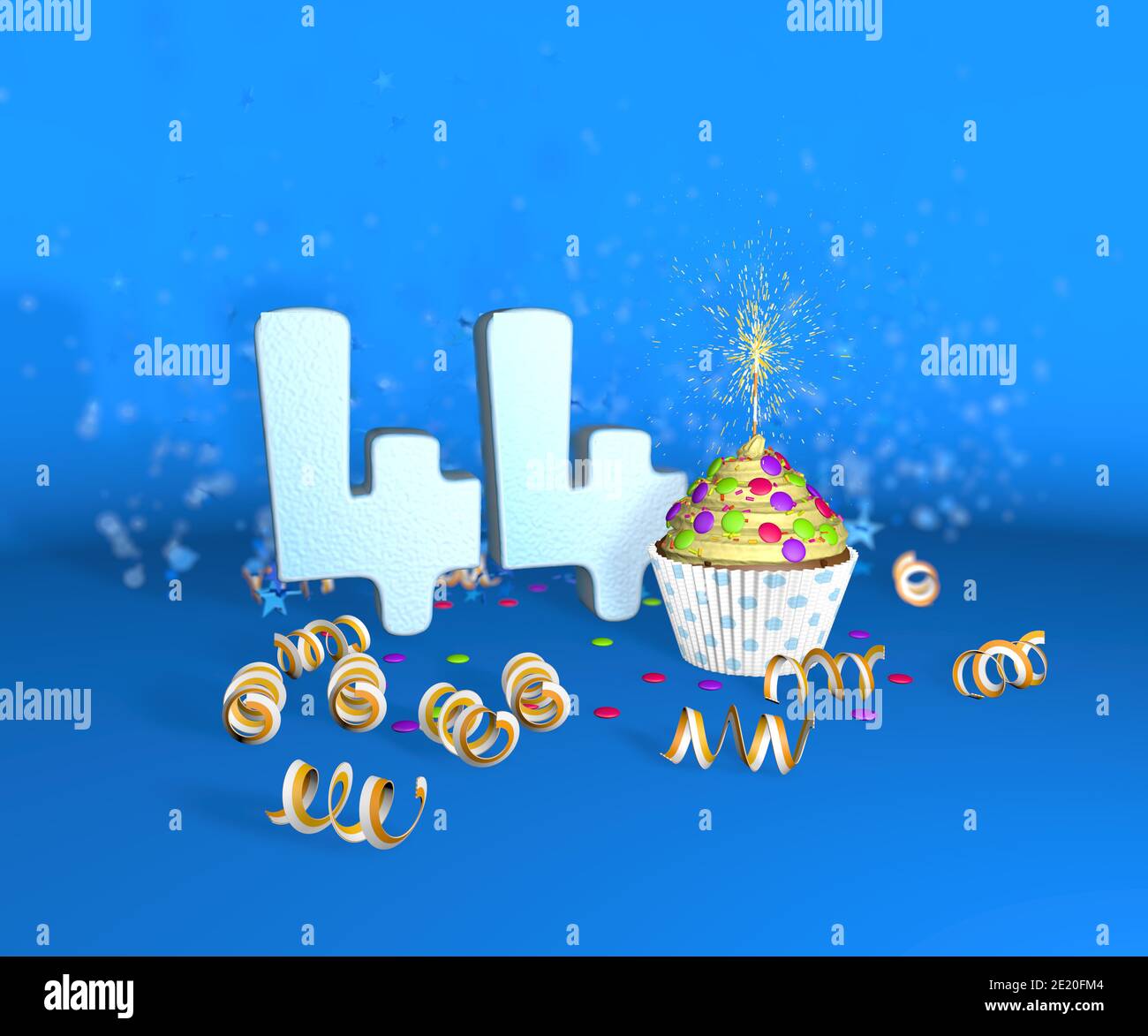 Cupcake mit funkelnder Kerze zum Geburtstag oder Jubiläum 44 mit der großen Nummer in weiß mit gelben Streamern auf blauem Hintergrund. 3d-Illustration Stockfoto