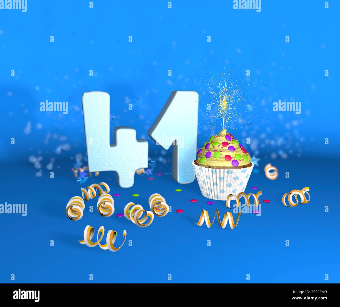 Cupcake mit funkelnder Kerze zum Geburtstag oder Jubiläum 41 mit der großen Nummer in weiß mit gelben Streamern auf blauem Hintergrund. 3d-Illustration Stockfoto