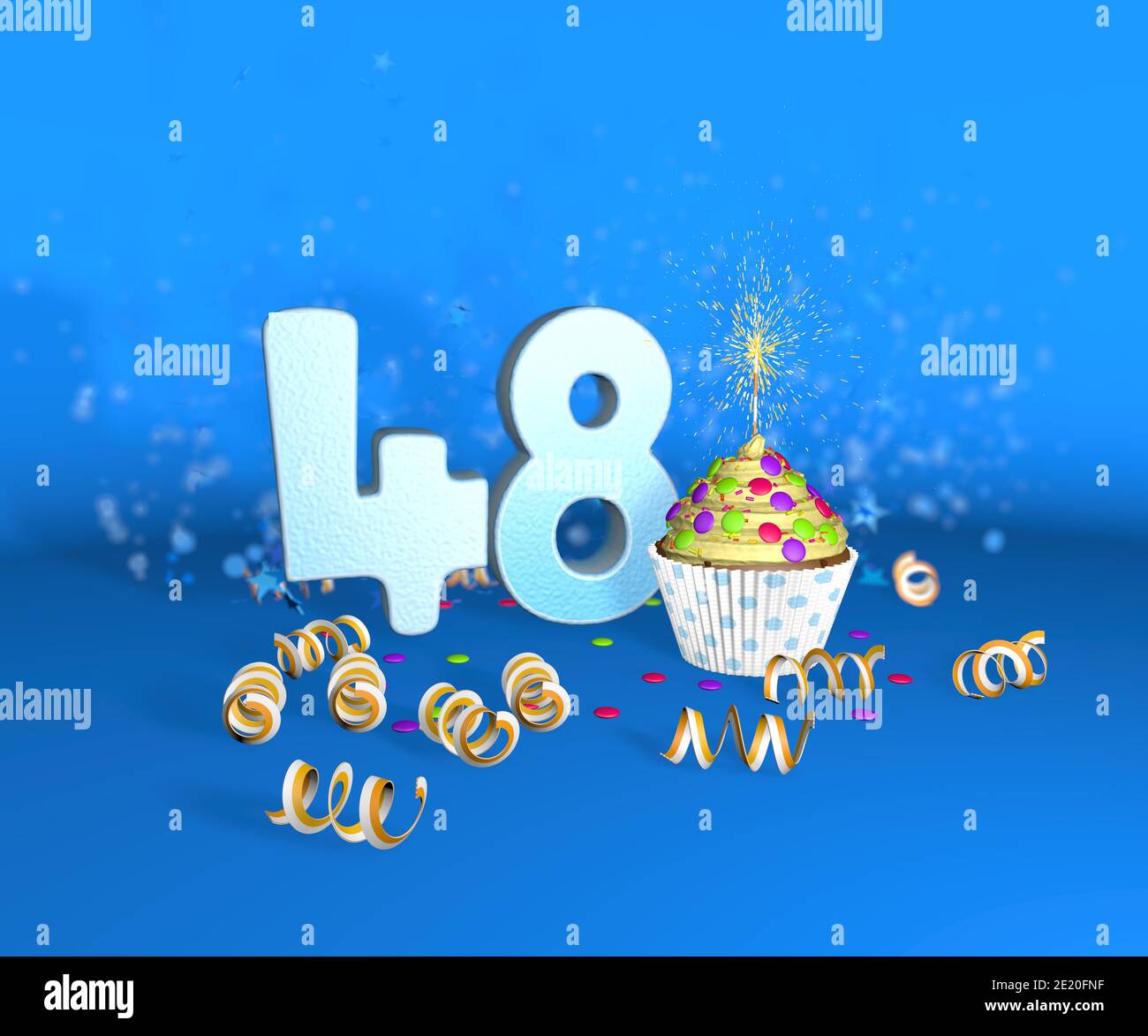 Cupcake mit funkelnder Kerze zum Geburtstag oder Jubiläum 48 mit der großen Nummer in weiß mit gelben Streamern auf blauem Hintergrund. 3d-Illustration Stockfoto