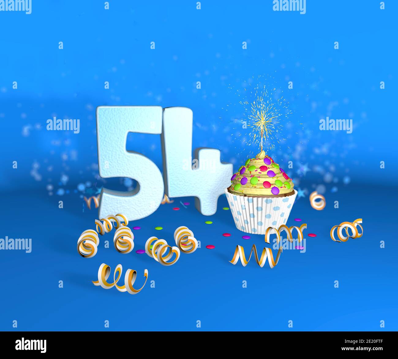 Cupcake mit funkelnder Kerze zum Geburtstag oder Jubiläum 54 mit der großen Nummer in weiß mit gelben Streamern auf blauem Hintergrund. 3d-Illustration Stockfoto