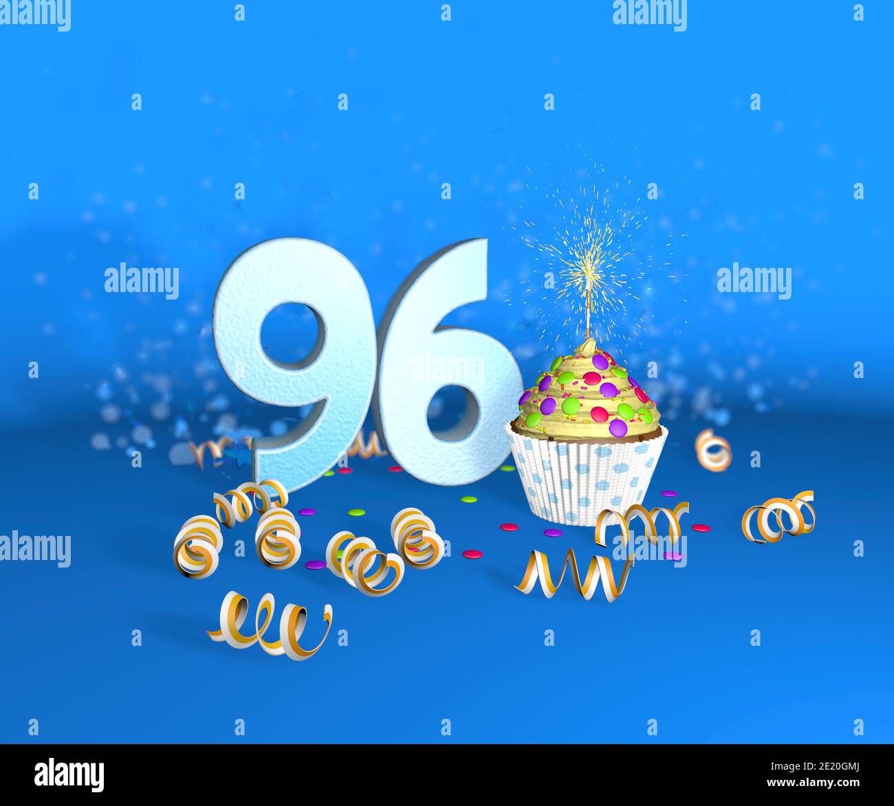 Cupcake mit funkelnder Kerze zum Geburtstag oder Jubiläum 96 mit der großen Nummer in weiß mit gelben Streamern auf blauem Hintergrund. 3d-Illustration Stockfoto