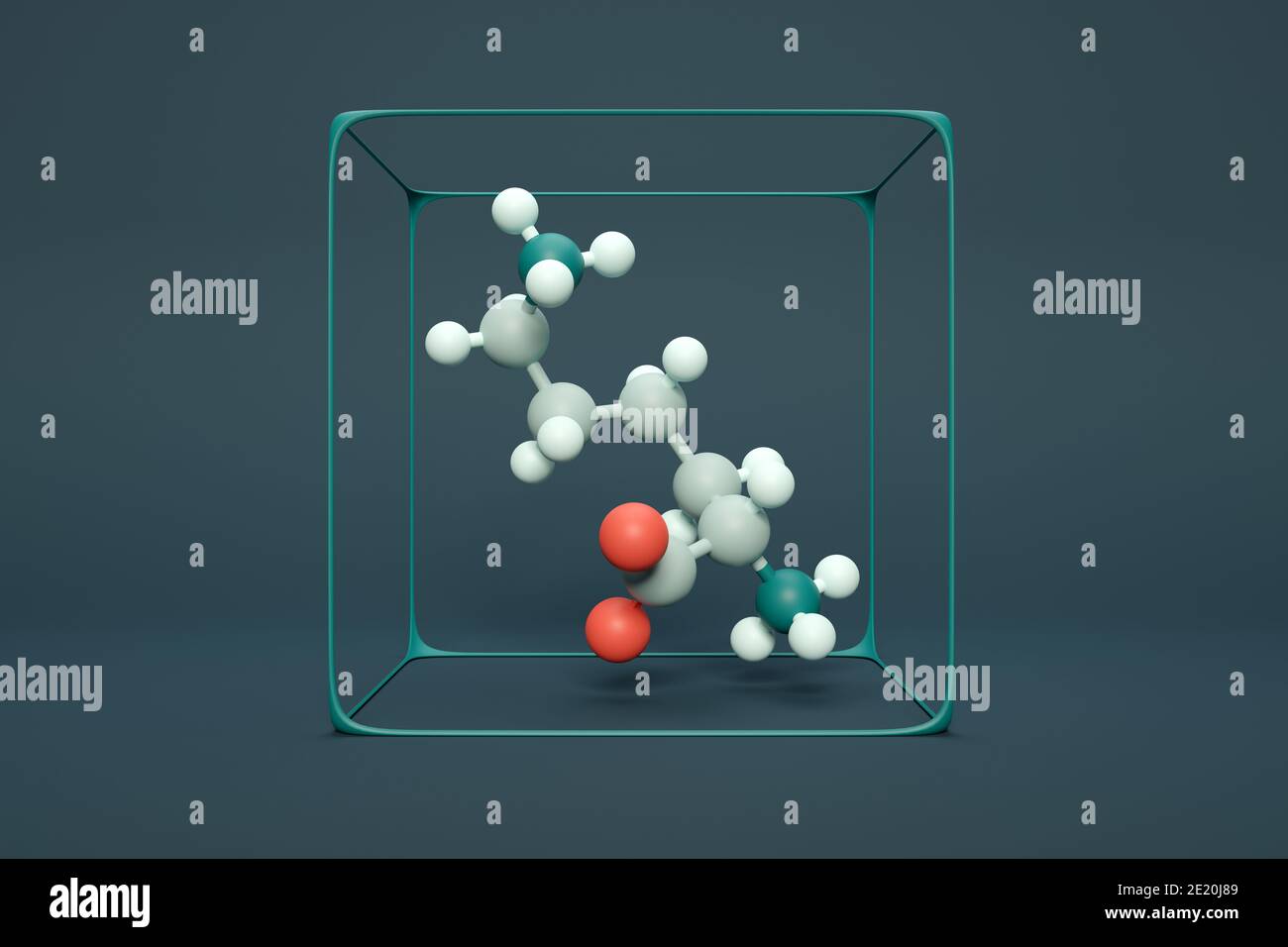 Lysin (L-Lysin, Lys, K) Aminosäuremolekül. 3D-Rendering. Kugel- und Stabmodell mit Atomen, die durch farbcodierte Kugeln dargestellt werden: Sauerstoff rot, Stickstoff Stockfoto