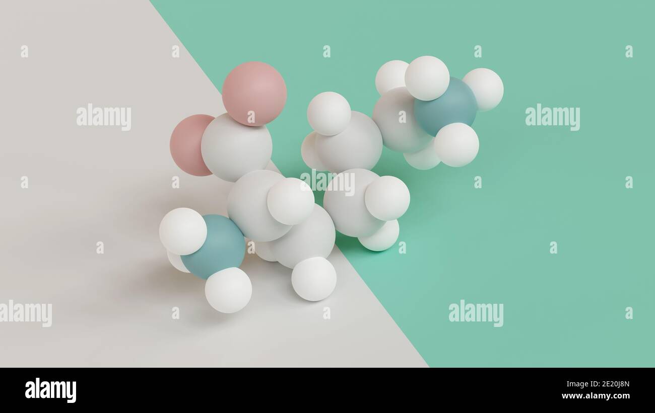 Lysin (L-Lysin, Lys, K) Aminosäuremolekül. 3D-Rendering. Atome als farbcodierte Kugeln dargestellt (Sauerstoff rosa, Stickstoff teal, Kohlenstoff hellgrau, hydrog Stockfoto