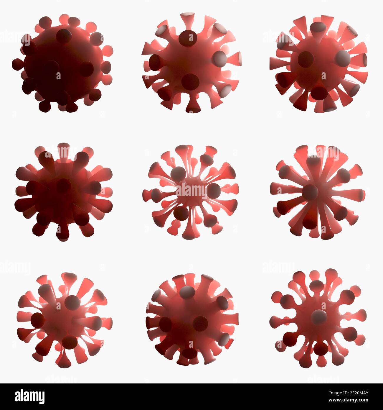 Ein Konzept, das eine Reihe von verschiedenen Formen entwickelt und zeigt Mutierende Coronavirus-Moleküle Partikel auf weißem Hintergrund - 3D Rendern Stockfoto
