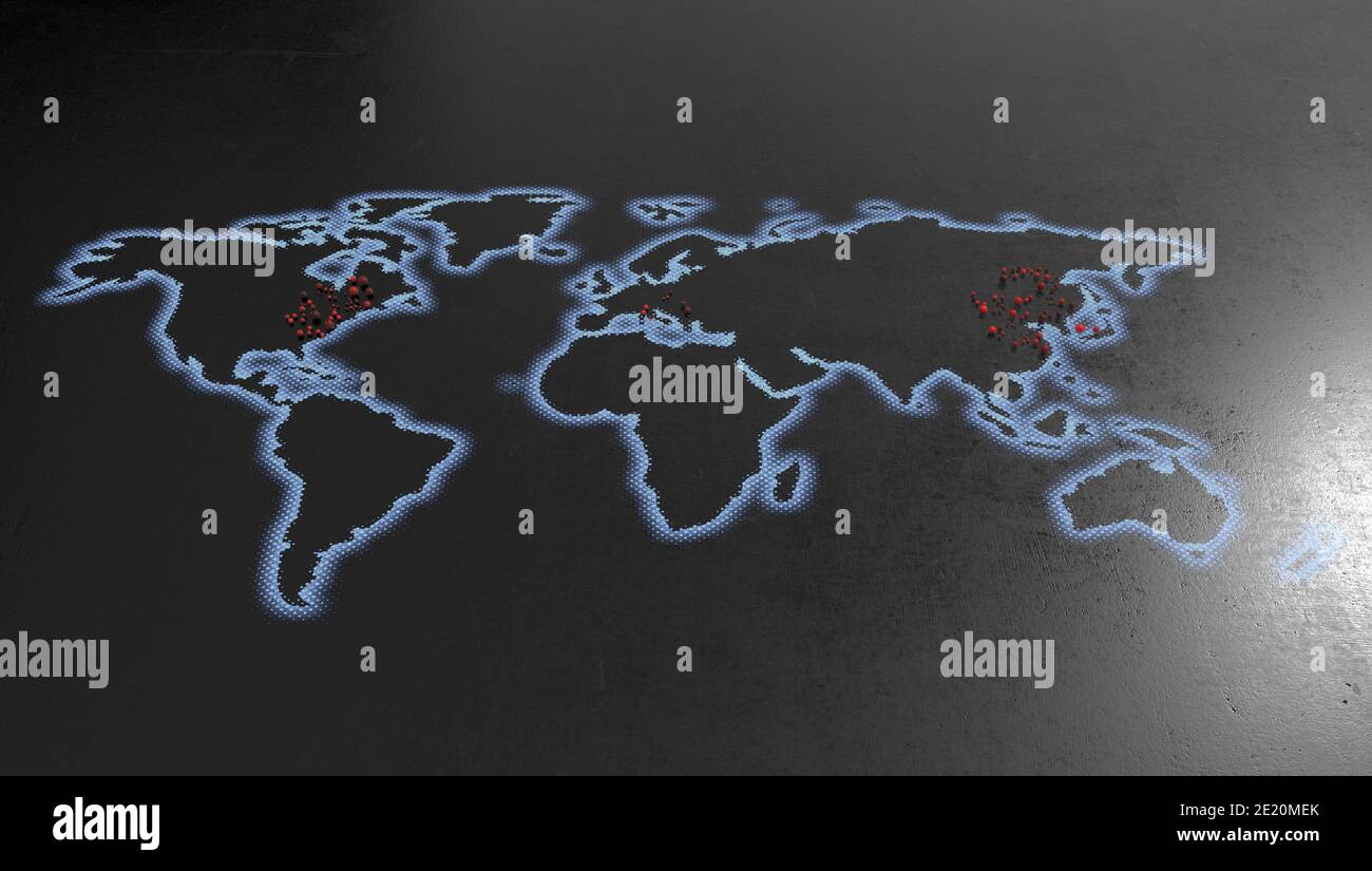 Eine flache Weltkarte mit leuchtend blauen Halbtonkanten Ein schwarzer texturierter Hintergrund, auf dem rote Corona-Viruspartikel beginnen Sich über die Welt zu verbreiten Stockfoto