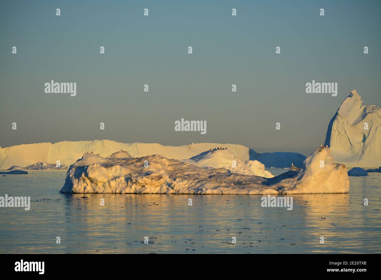 Riesige Eisberge in der Disko Bay, Ilulissat eisfjord in der Mitternachtssonne im Juli, UNESCO-Welterbe durch den Klimawandel beeinflusst Stockfoto