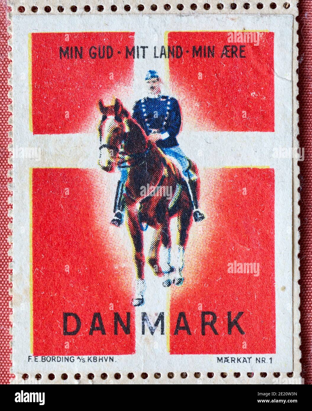 'Min Gud · mit Land · Min ære – Danmark' (Mein Gott · Mein Land · Meine Ehre – Dänemark), Label, hergestellt von F.E. Bording A/S (ca. L 1939, S. Stockfoto