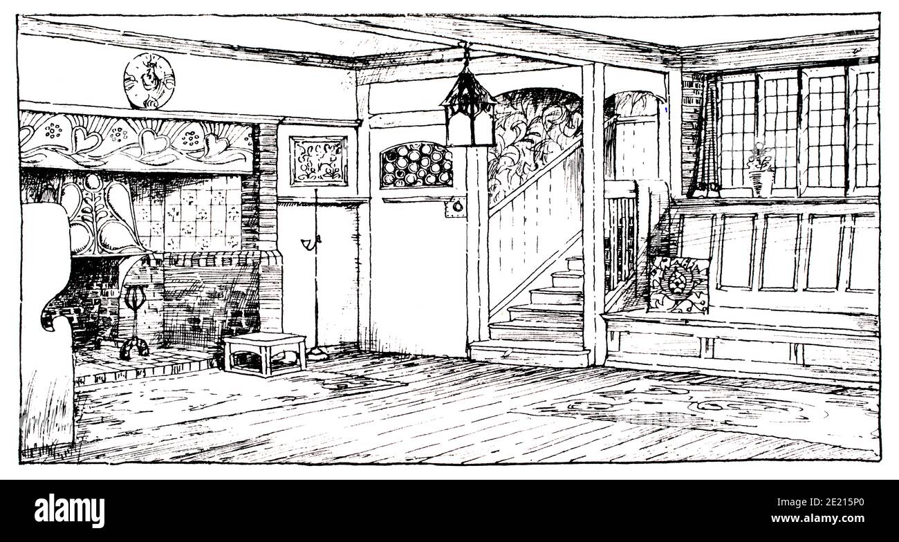 An Artist’s House, Flurinnenraum, Zeichnung des Architekten M. H. Baillie Scott aus dem Jahr 1897 The Studio an Illustrated Magazine of Fine and Applied Art Stockfoto