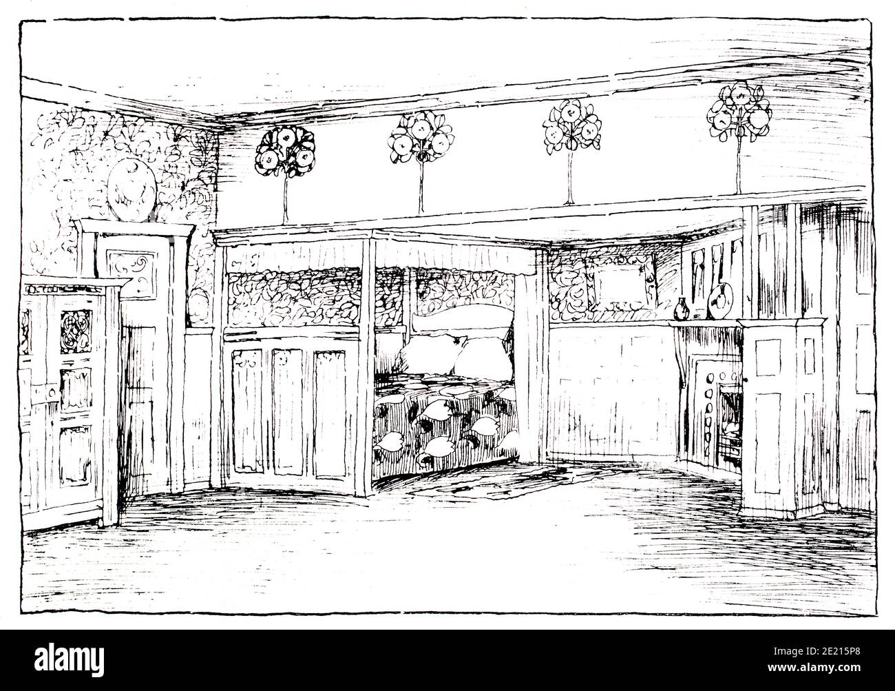 An Artist’s House, Schlafzimmer Interior, Zeichnung des Architekten M. H. Baillie Scott aus dem Jahr 1897 The Studio an Illustrated Magazine of Fine and Applied Art Stockfoto