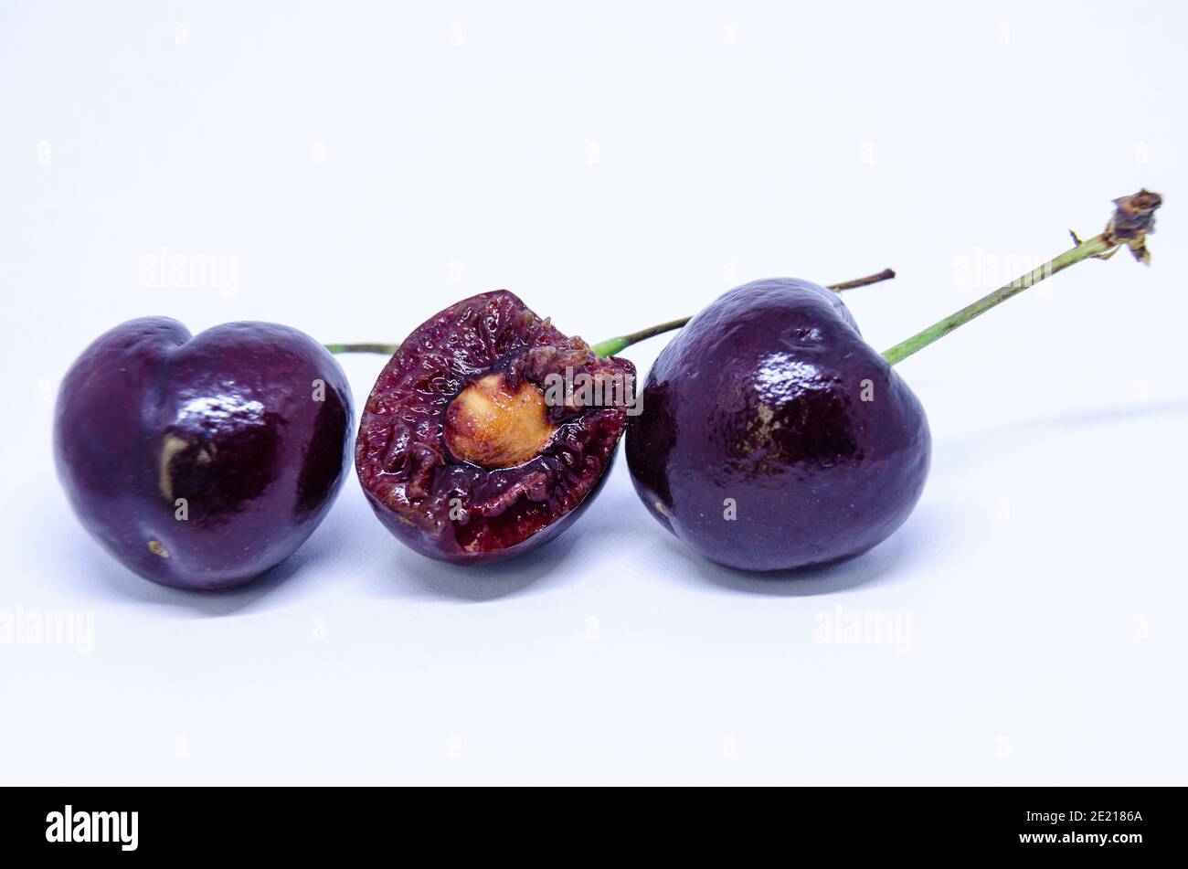 Drei Kirschen in einer Linie, isoliert vor weißem Hintergrund. Die mittlere Kirsche hat einen Bissen herausgenommen, der den Stein und das Fleisch im Inneren zeigt. Stockfoto