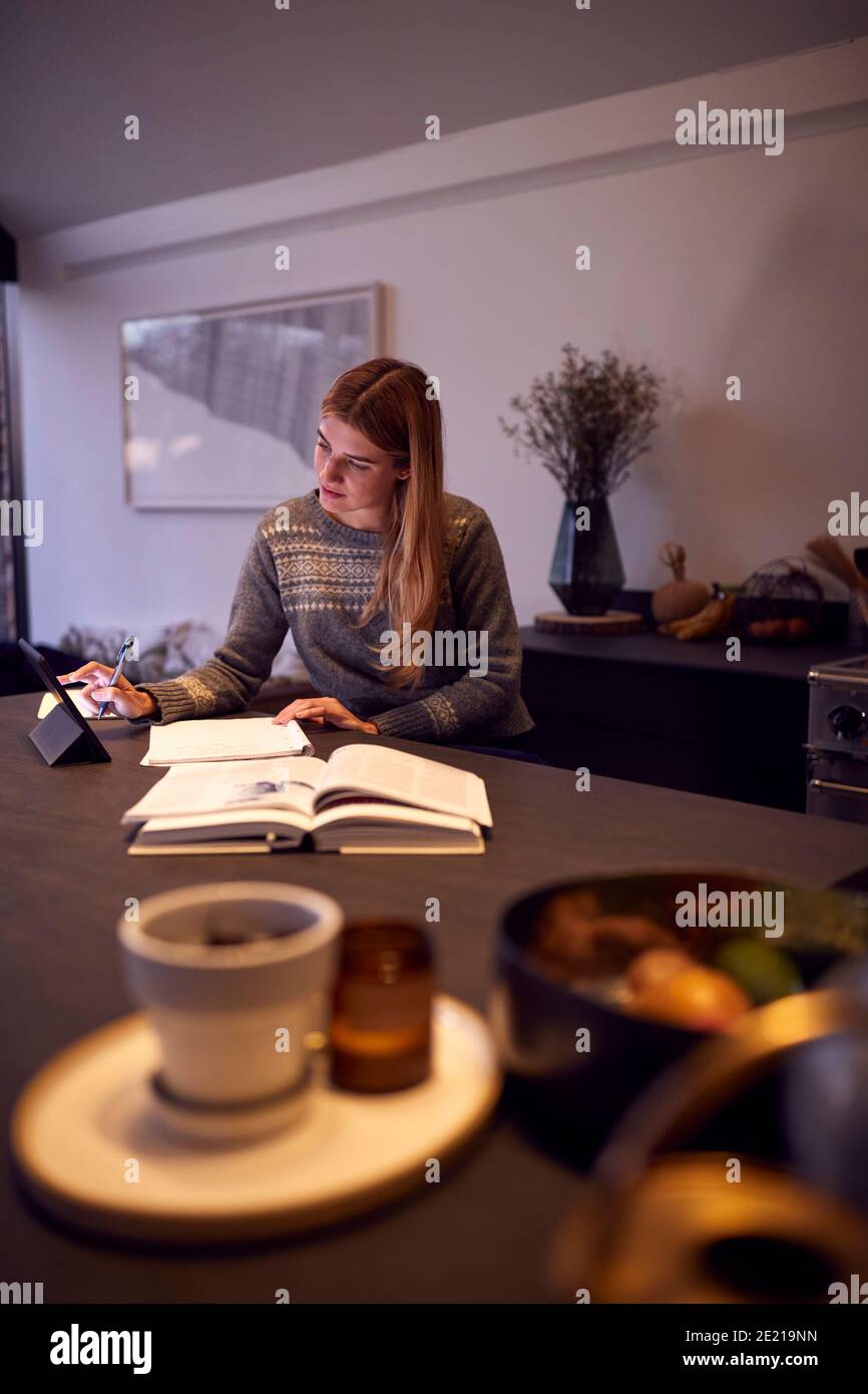 Abend Aufnahme Der Frau In Der Küche Arbeiten Oder Studieren Aus Mit Dem Digitalen Tablet Zu Hause Stockfoto