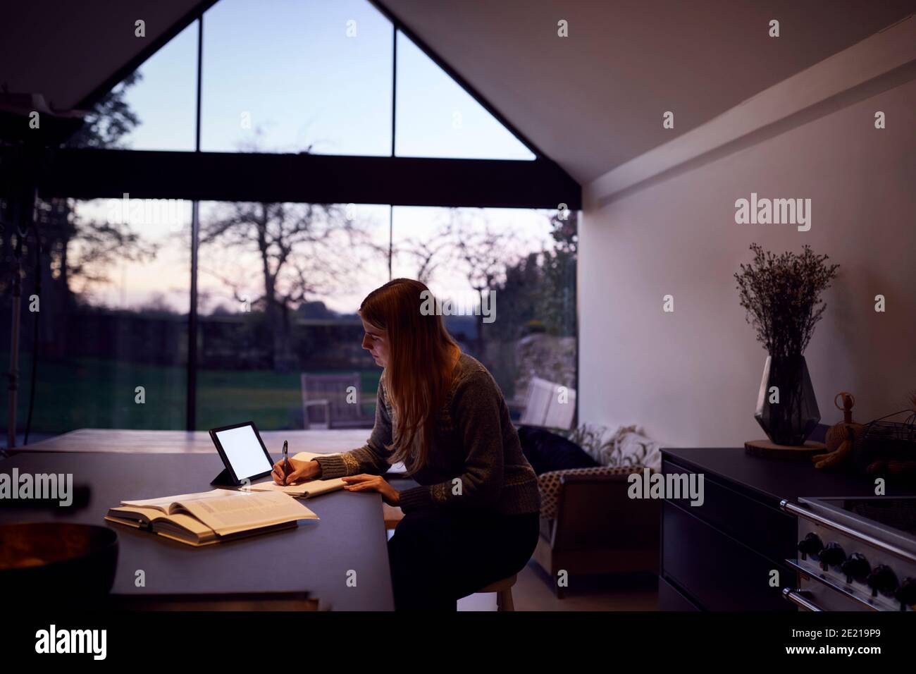 Abend Aufnahme Der Frau In Der Küche Arbeiten Oder Studieren Aus Mit Dem Digitalen Tablet Zu Hause Stockfoto